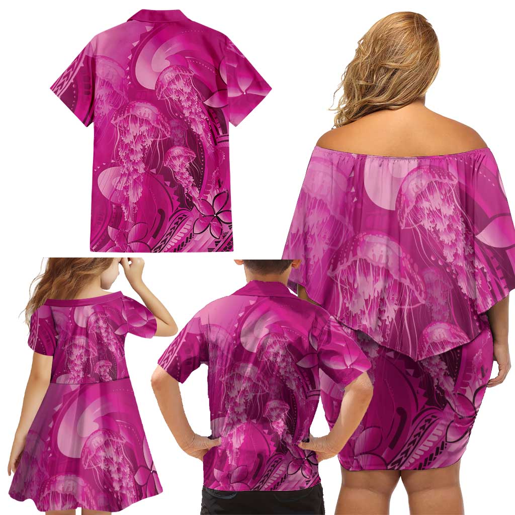 Pink Gradient Polynesia Jellyfish Family Matching Off Shoulder Short Dress and Hawaiian Shirt Plumeria Polynesian Tattoo Glowing Vibes LT14 - Polynesian Pride
