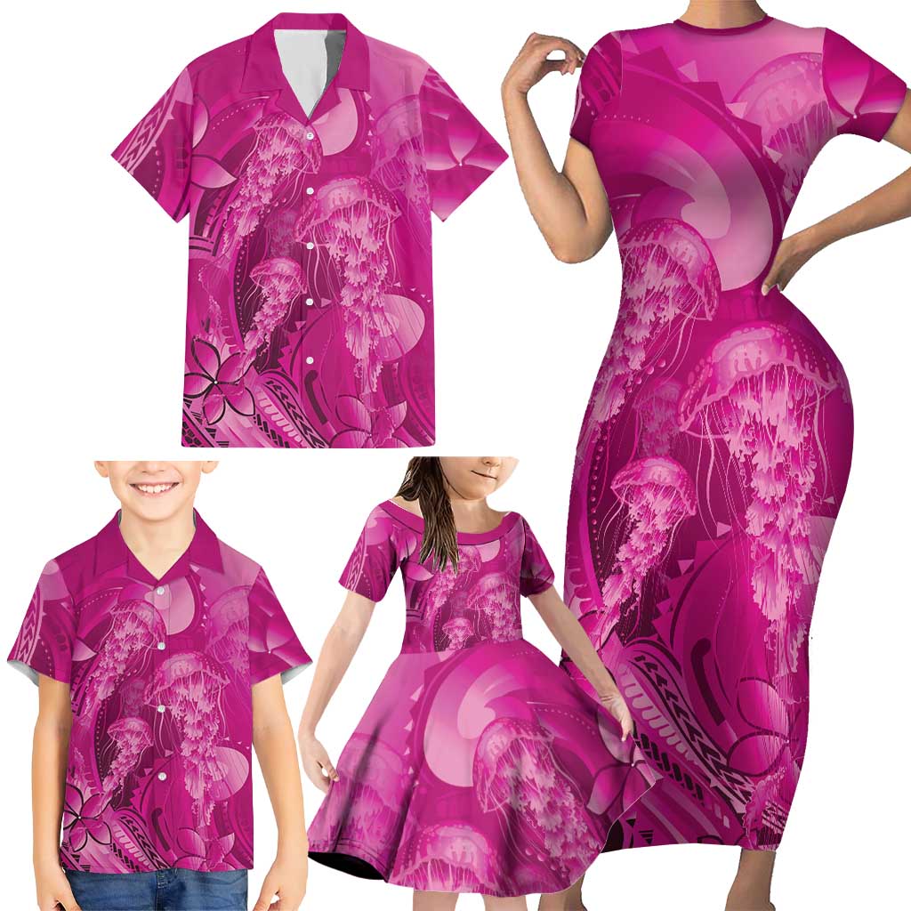 Pink Gradient Polynesia Jellyfish Family Matching Short Sleeve Bodycon Dress and Hawaiian Shirt Plumeria Polynesian Tattoo Glowing Vibes LT14 - Polynesian Pride