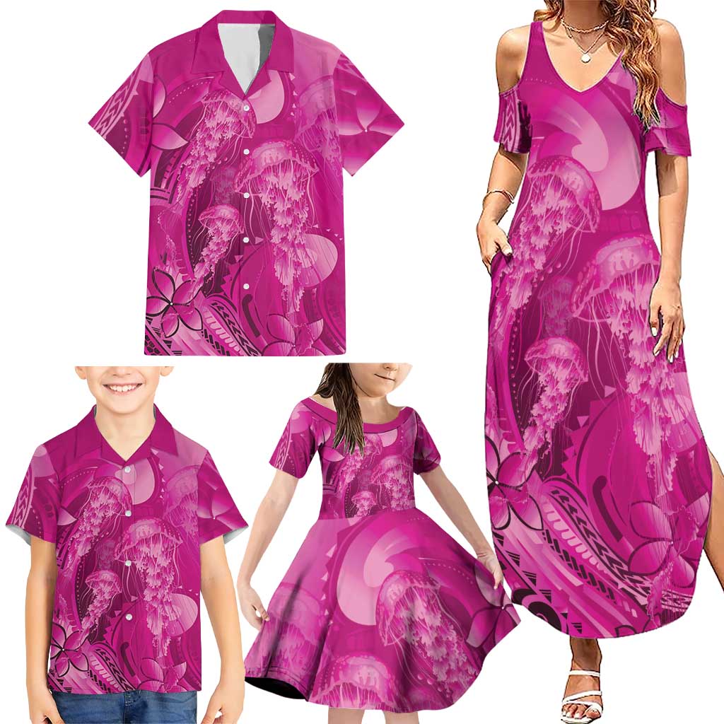 Pink Gradient Polynesia Jellyfish Family Matching Summer Maxi Dress and Hawaiian Shirt Plumeria Polynesian Tattoo Glowing Vibes