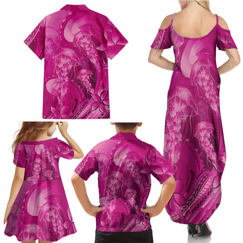 Pink Gradient Polynesia Jellyfish Family Matching Summer Maxi Dress and Hawaiian Shirt Plumeria Polynesian Tattoo Glowing Vibes LT14 - Polynesian Pride