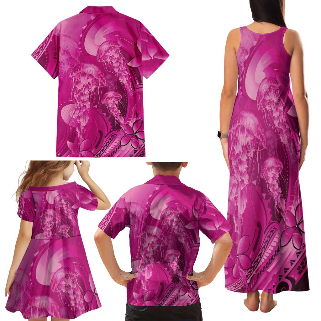 Pink Gradient Polynesia Jellyfish Family Matching Tank Maxi Dress and Hawaiian Shirt Plumeria Polynesian Tattoo Glowing Vibes LT14 - Polynesian Pride