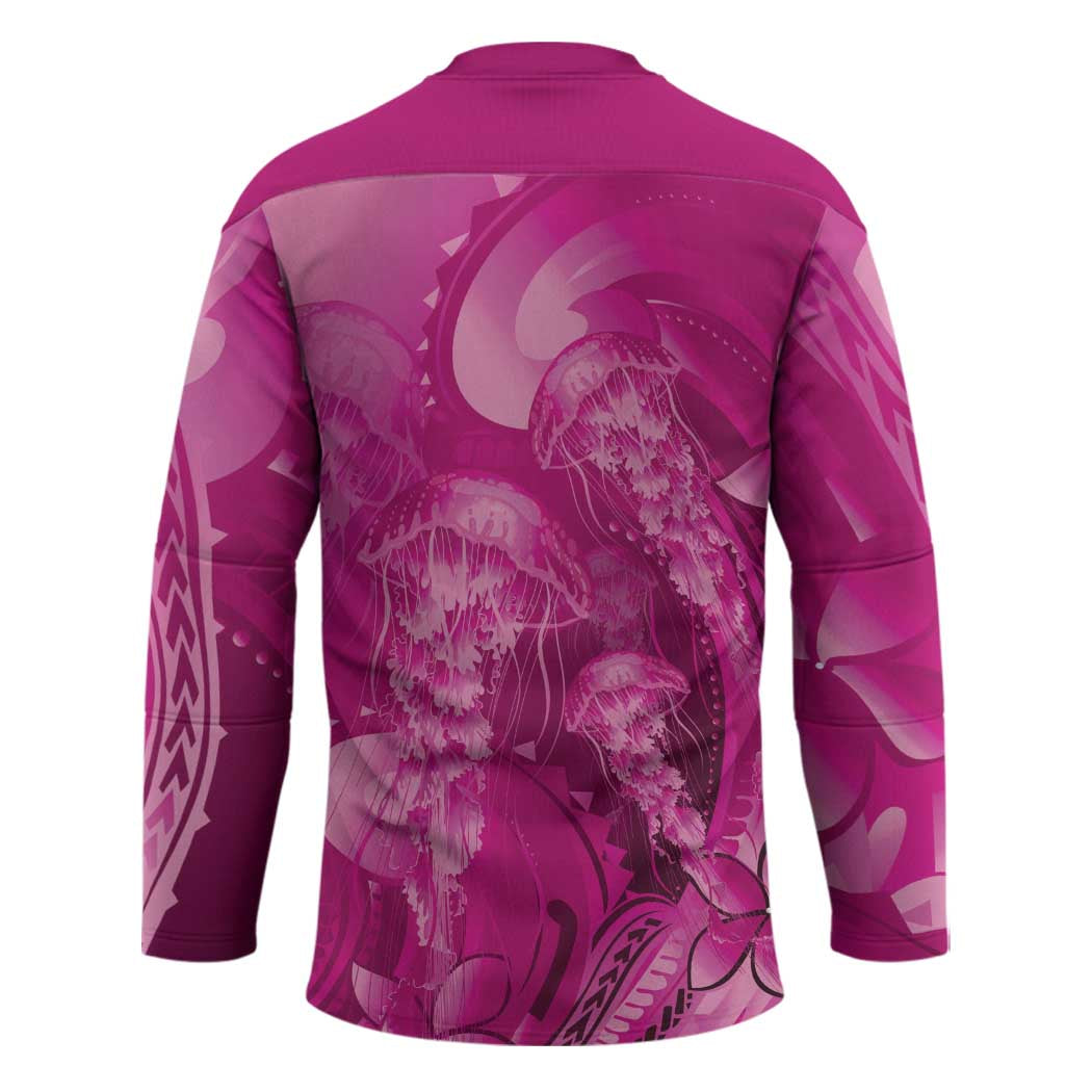 Pink Gradient Polynesia Jellyfish Hockey Jersey Plumeria Polynesian Tattoo Glowing Vibes