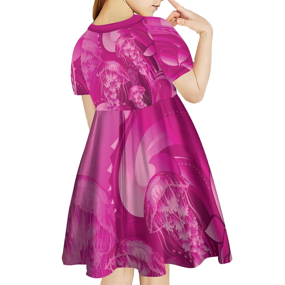 Pink Gradient Polynesia Jellyfish Kid Short Sleeve Dress Plumeria Polynesian Tattoo Glowing Vibes