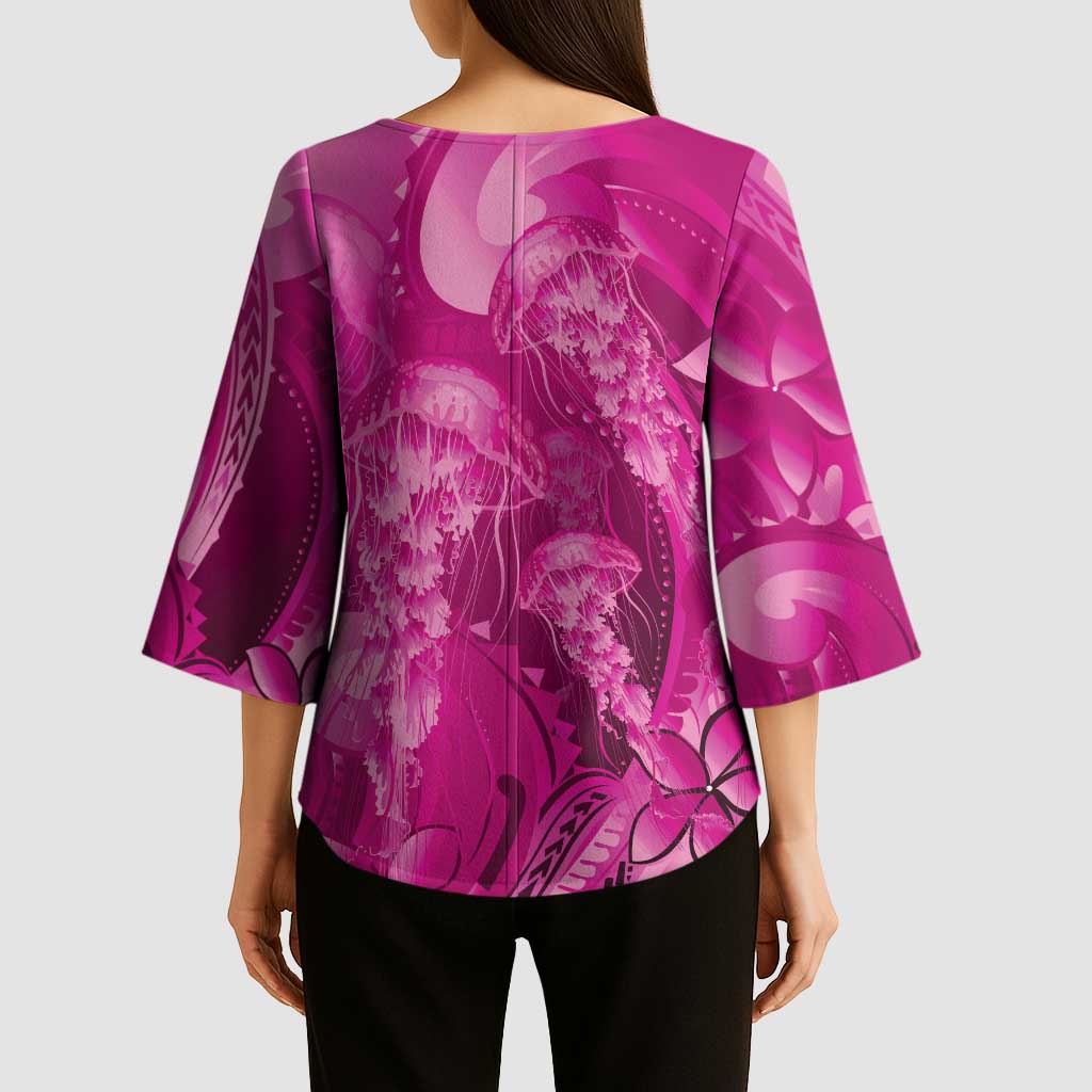 Pink Gradient Polynesia Jellyfish Kimono Sleeve Blouse Plumeria Polynesian Tattoo Glowing Vibes