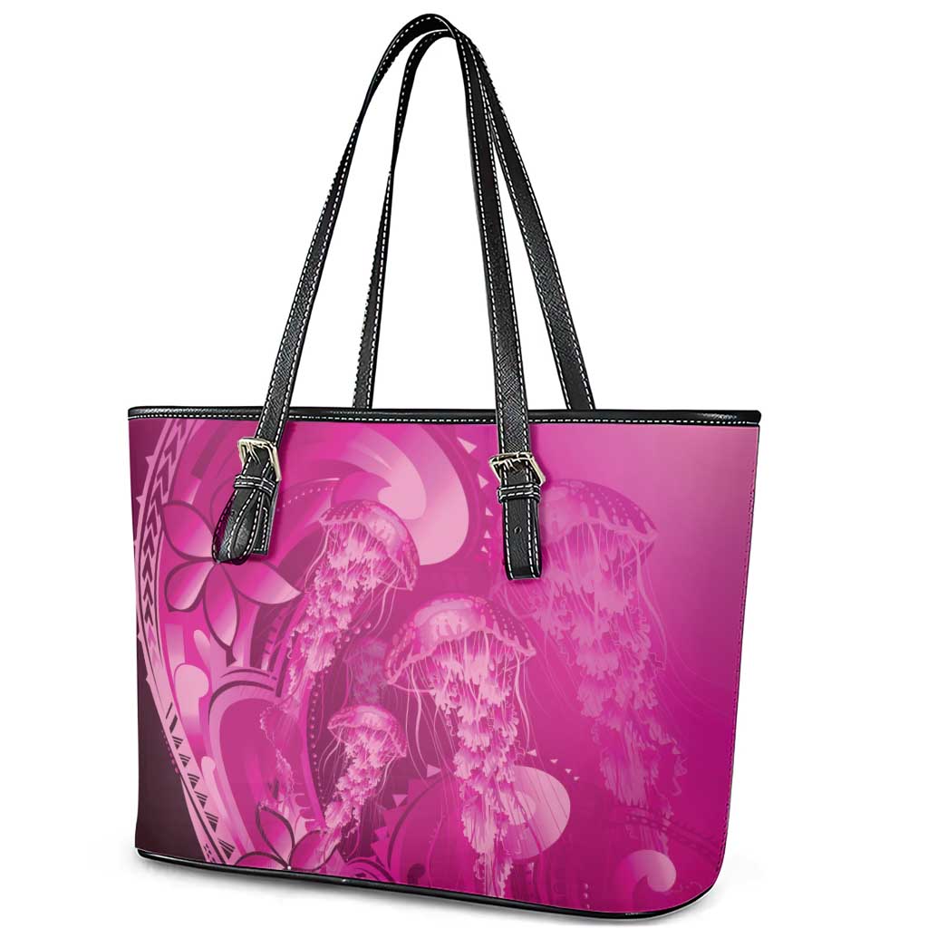 Pink Gradient Polynesia Jellyfish Leather Tote Bag Plumeria Polynesian Tattoo Glowing Vibes
