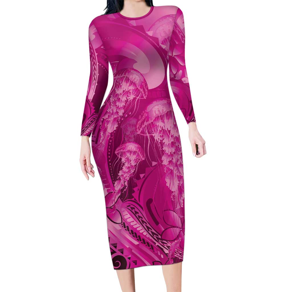 Pink Gradient Polynesia Jellyfish Long Sleeve Bodycon Dress Plumeria Polynesian Tattoo Glowing Vibes