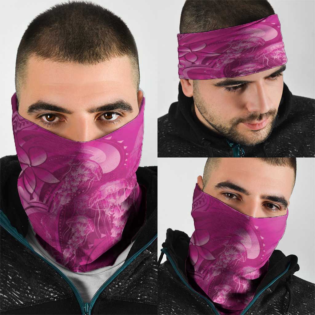 Pink Gradient Polynesia Jellyfish Neck Gaiter Plumeria Polynesian Tattoo Glowing Vibes
