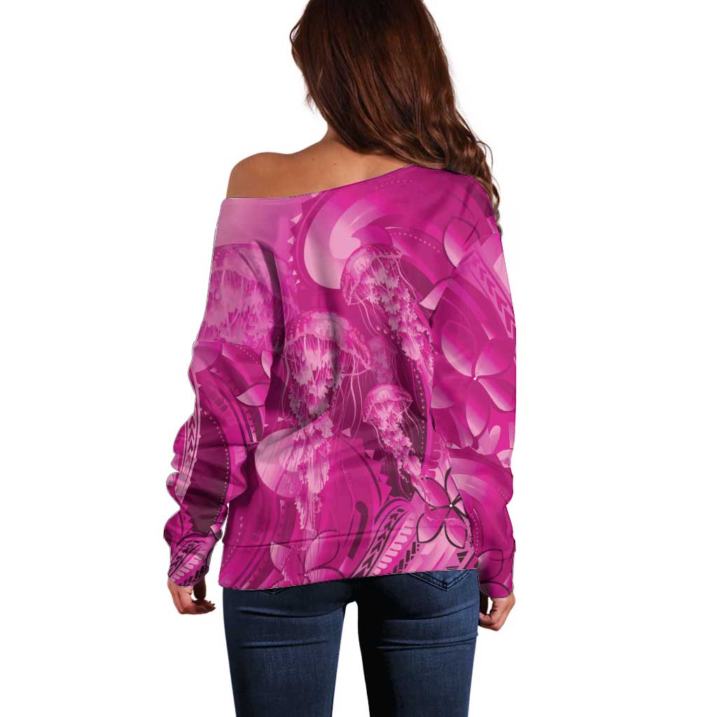 Pink Gradient Polynesia Jellyfish Off Shoulder Sweater Plumeria Polynesian Tattoo Glowing Vibes