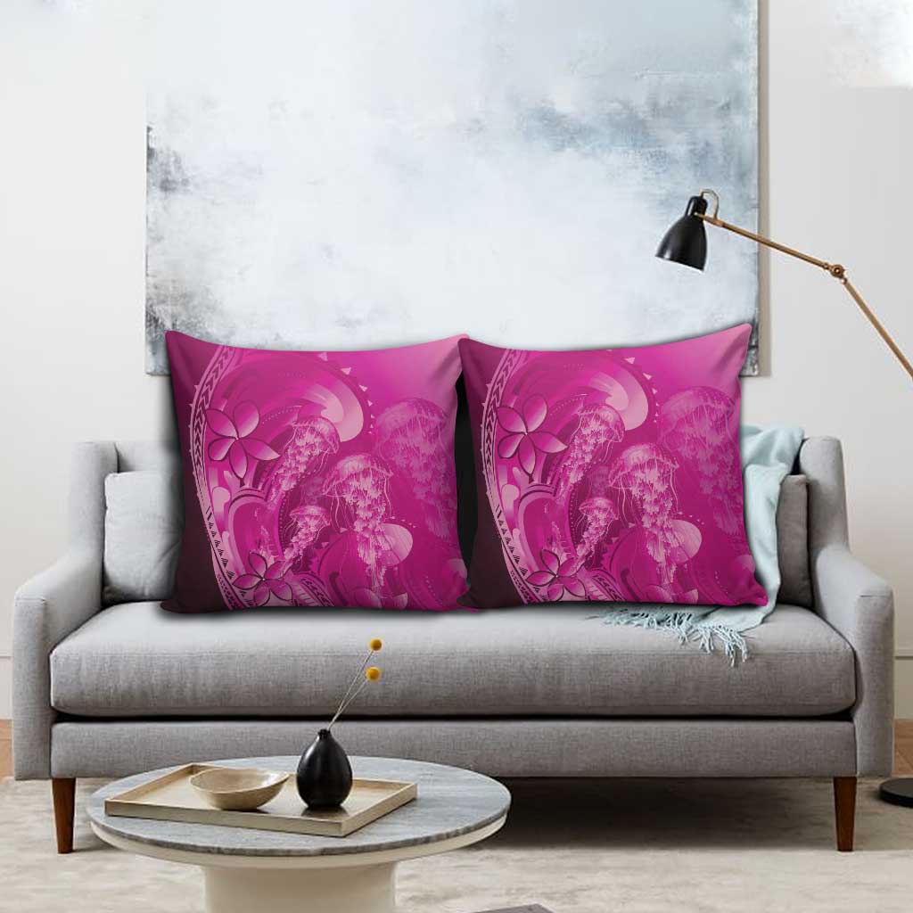 Pink Gradient Polynesia Jellyfish Pillow Cover Plumeria Polynesian Tattoo Glowing Vibes