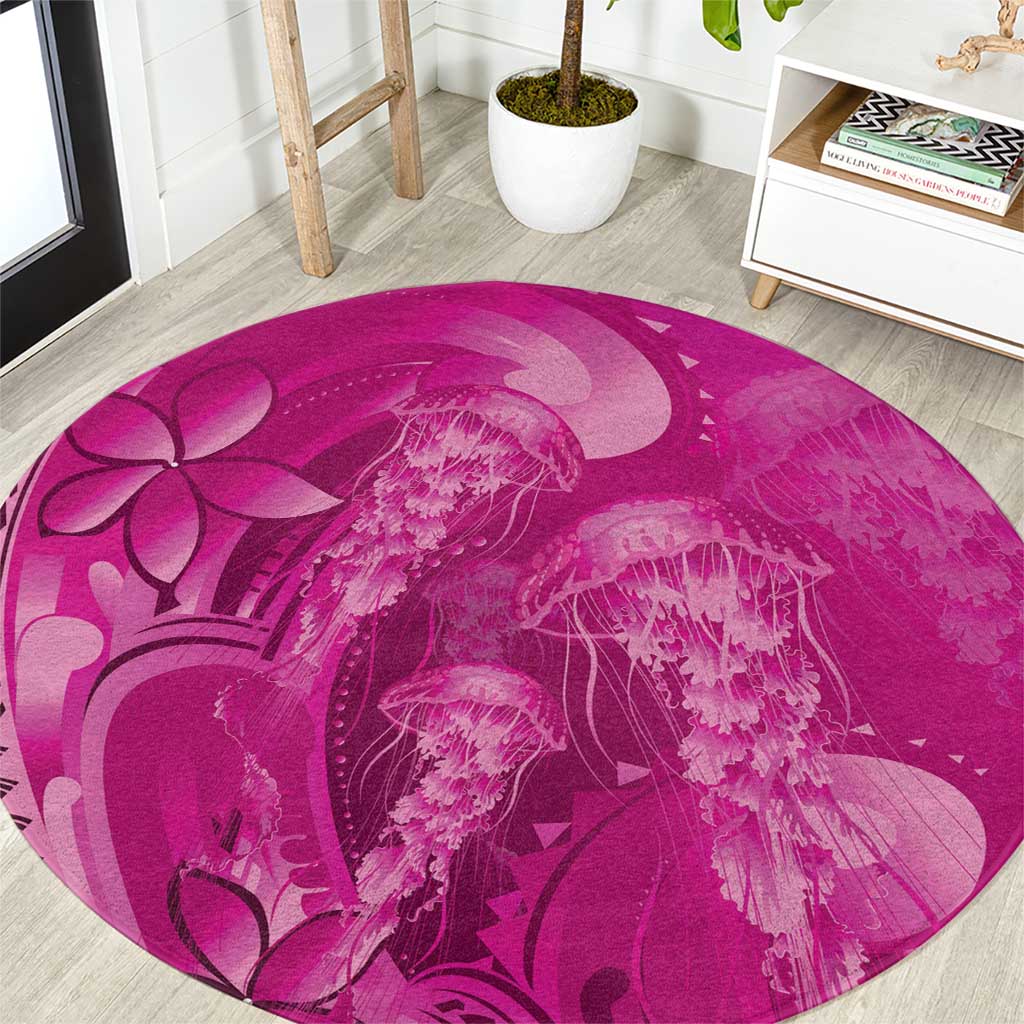 Pink Gradient Polynesia Jellyfish Round Carpet Plumeria Polynesian Tattoo Glowing Vibes