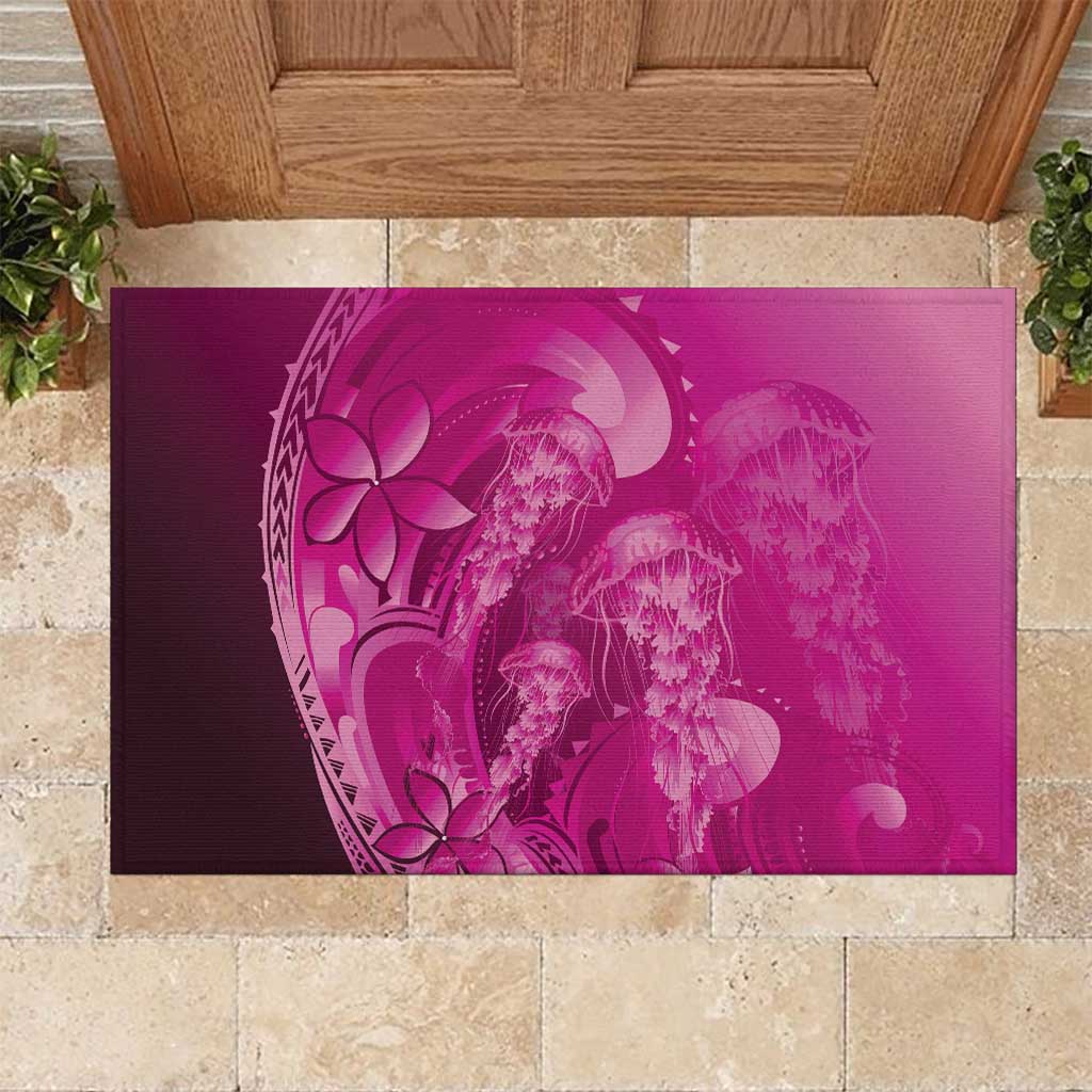 Pink Gradient Polynesia Jellyfish Rubber Doormat Plumeria Polynesian Tattoo Glowing Vibes