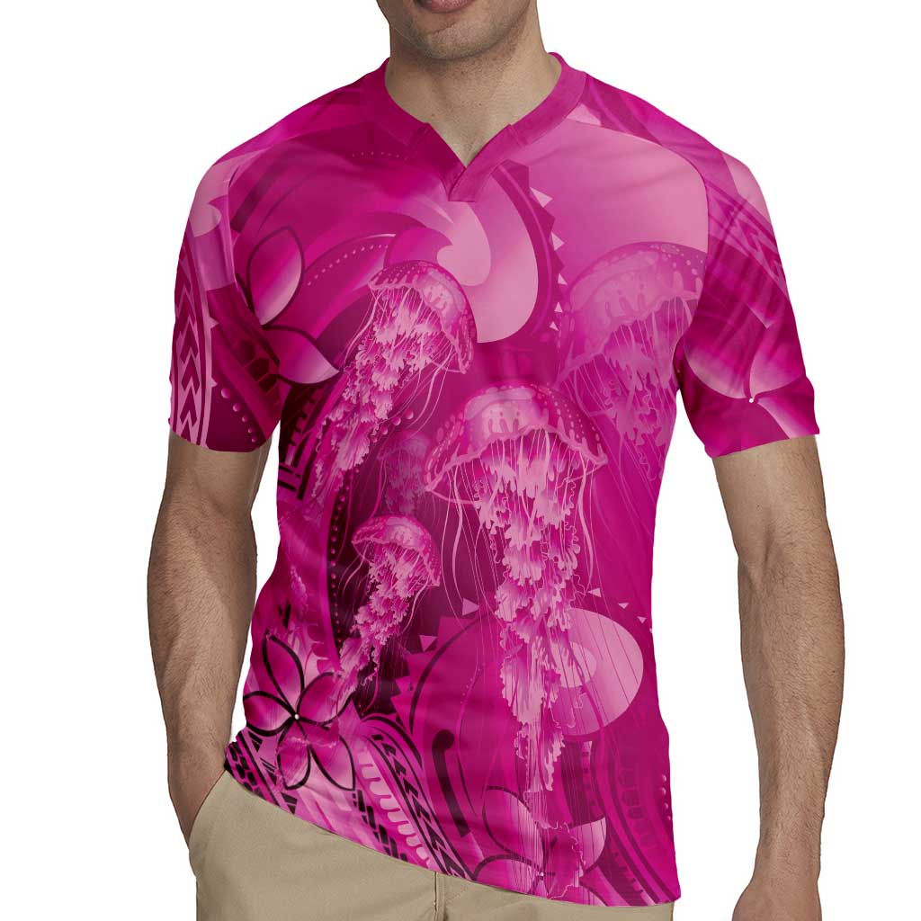 Pink Gradient Polynesia Jellyfish Rugby Jersey Plumeria Polynesian Tattoo Glowing Vibes