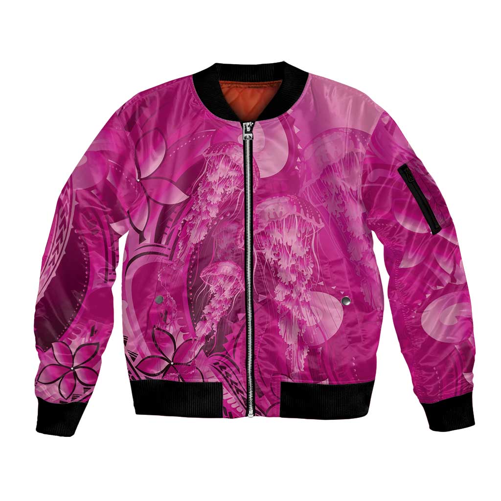 Pink Gradient Polynesia Jellyfish Sleeve Zip Bomber Jacket Plumeria Polynesian Tattoo Glowing Vibes
