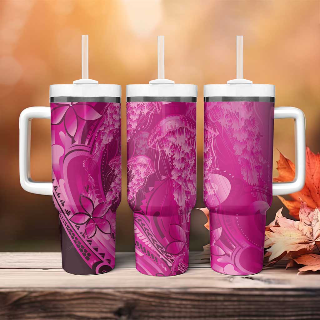 Pink Gradient Polynesia Jellyfish Tumbler With Handle Plumeria Polynesian Tattoo Glowing Vibes