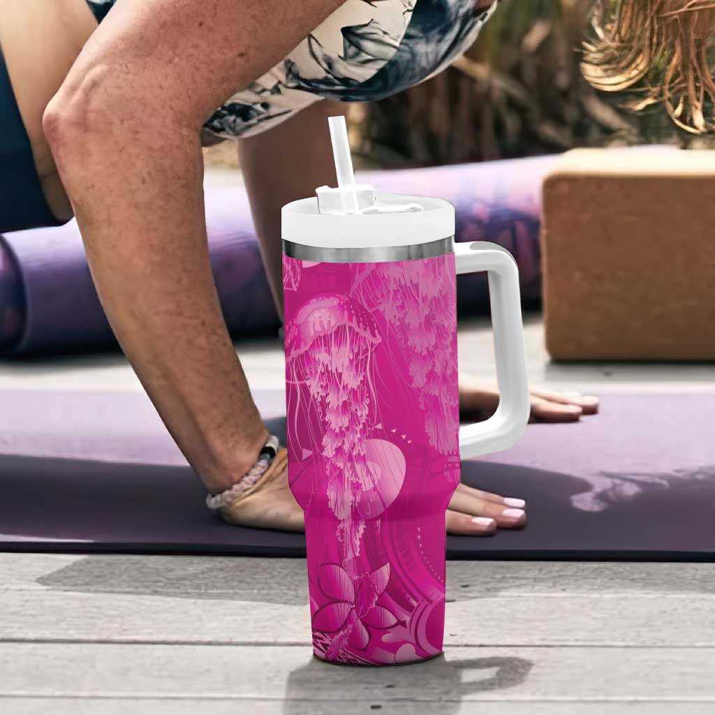Pink Gradient Polynesia Jellyfish Tumbler With Handle Plumeria Polynesian Tattoo Glowing Vibes