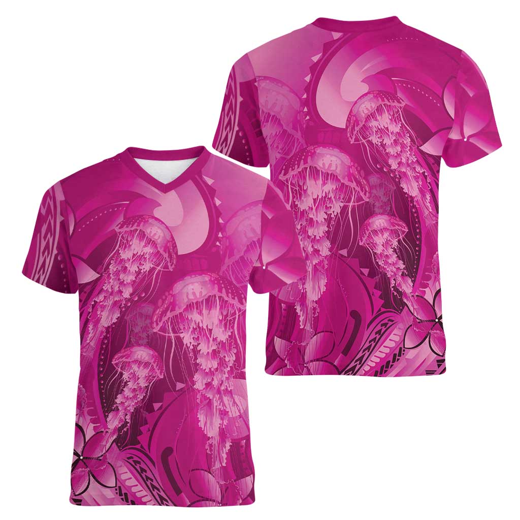 Pink Gradient Polynesia Jellyfish Women V-Neck T-Shirt Plumeria Polynesian Tattoo Glowing Vibes