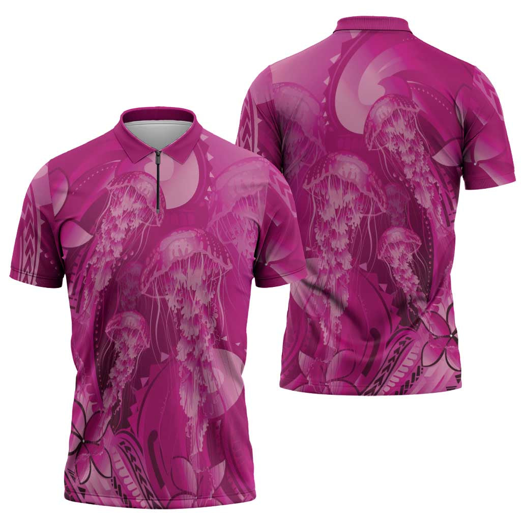 Pink Gradient Polynesia Jellyfish Zipper Polo Shirt Plumeria Polynesian Tattoo Glowing Vibes
