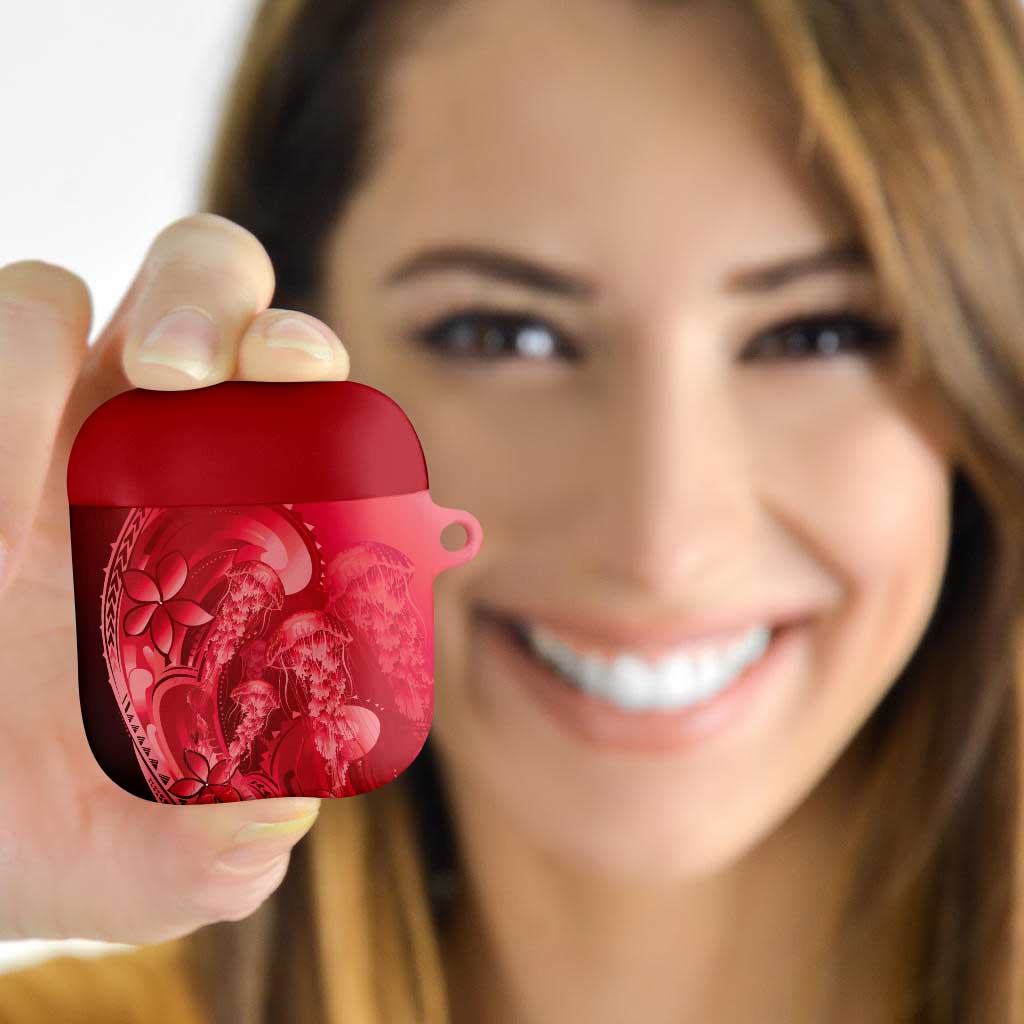Red Gradient Polynesia Jellyfish AirPods Case Plumeria Polynesian Tattoo Glowing Vibes