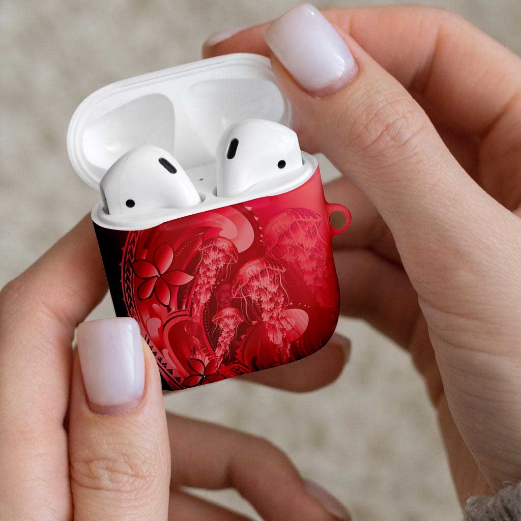 Red Gradient Polynesia Jellyfish AirPods Case Plumeria Polynesian Tattoo Glowing Vibes