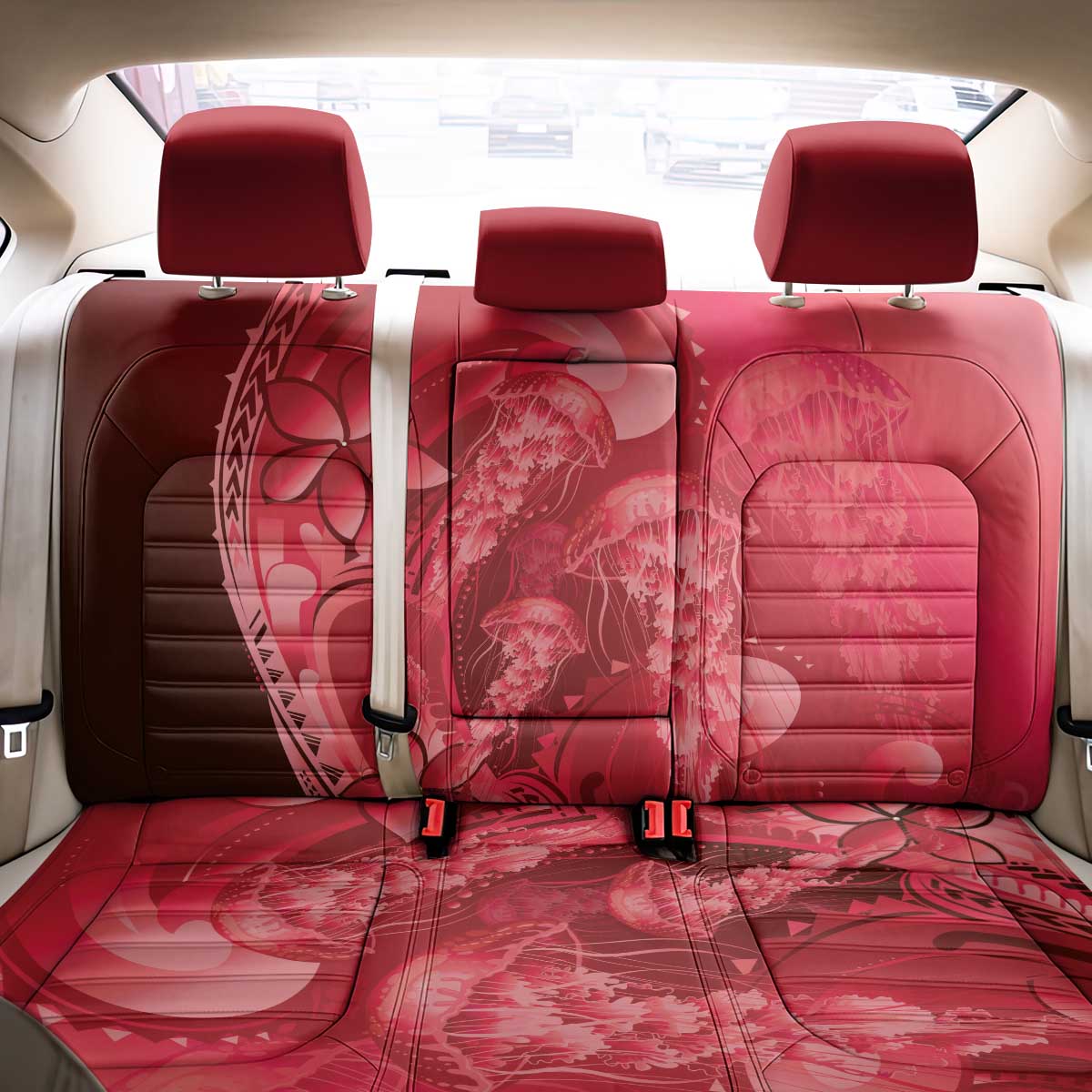 Red Gradient Polynesia Jellyfish Back Car Seat Cover Plumeria Polynesian Tattoo Glowing Vibes