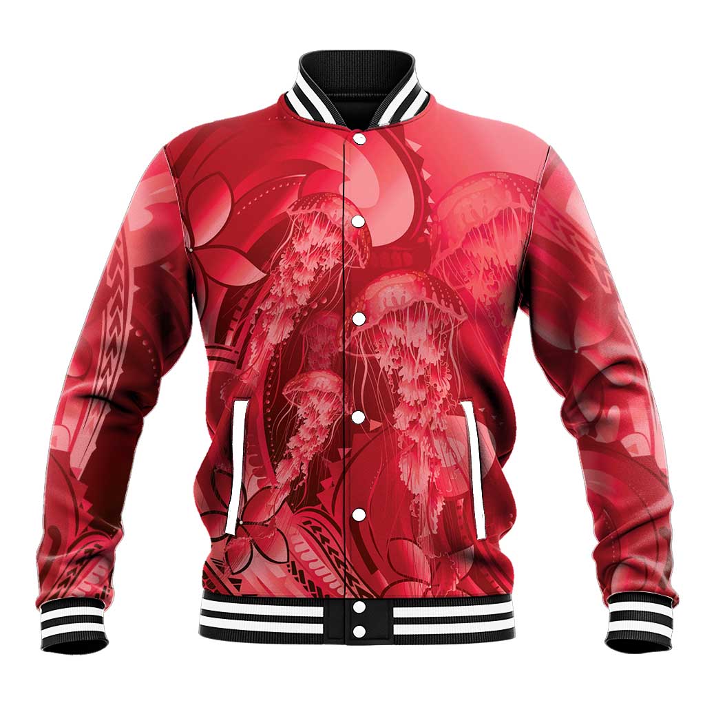 Red Gradient Polynesia Jellyfish Baseball Jacket Plumeria Polynesian Tattoo Glowing Vibes
