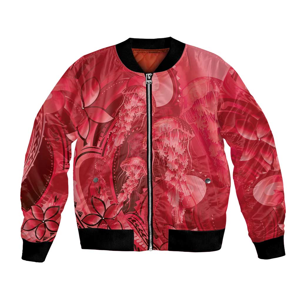 Red Gradient Polynesia Jellyfish Bomber Jacket Plumeria Polynesian Tattoo Glowing Vibes