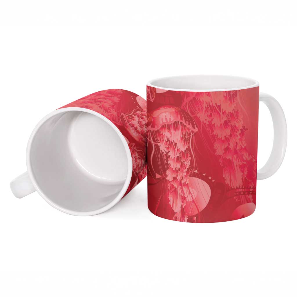 Red Gradient Polynesia Jellyfish Ceramic Mug Plumeria Polynesian Tattoo Glowing Vibes