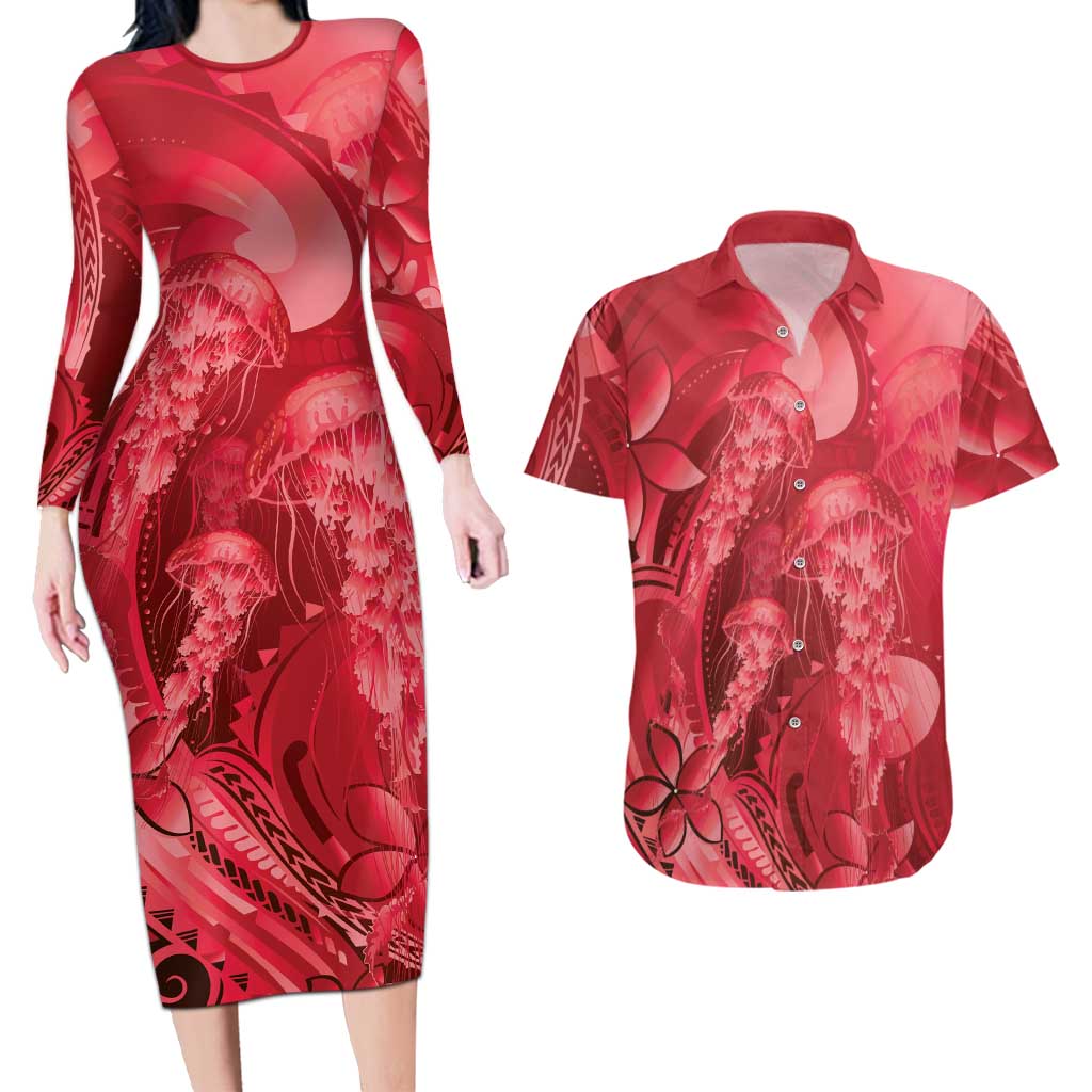 Red Gradient Polynesia Jellyfish Couples Matching Long Sleeve Bodycon Dress and Hawaiian Shirt Plumeria Polynesian Tattoo Glowing Vibes
