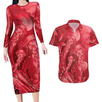 Red Gradient Polynesia Jellyfish Couples Matching Long Sleeve Bodycon Dress and Hawaiian Shirt Plumeria Polynesian Tattoo Glowing Vibes