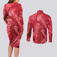 Red Gradient Polynesia Jellyfish Couples Matching Long Sleeve Bodycon Dress and Long Sleeve Button Shirt Plumeria Polynesian Tattoo Glowing Vibes