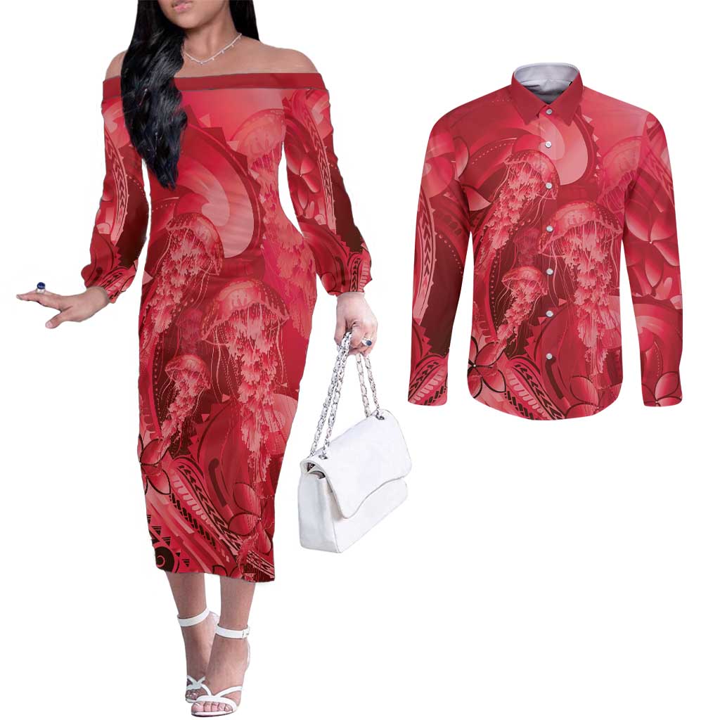 Red Gradient Polynesia Jellyfish Couples Matching Off The Shoulder Long Sleeve Dress and Long Sleeve Button Shirt Plumeria Polynesian Tattoo Glowing Vibes
