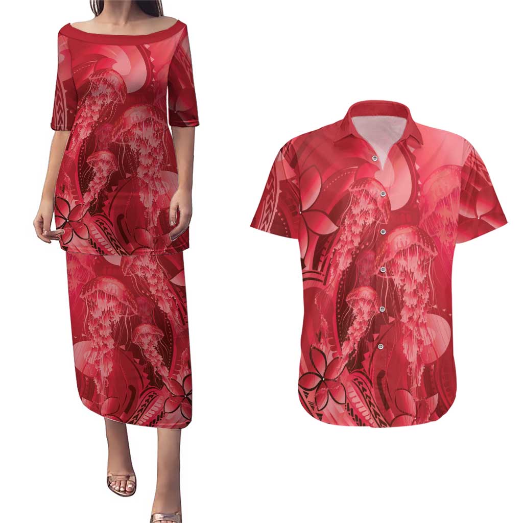 Red Gradient Polynesia Jellyfish Couples Matching Puletasi and Hawaiian Shirt Plumeria Polynesian Tattoo Glowing Vibes