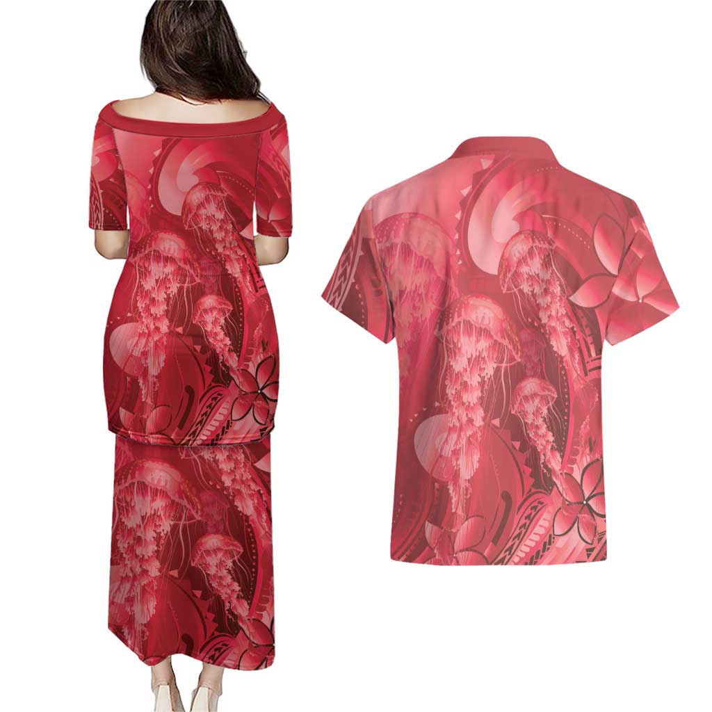 Red Gradient Polynesia Jellyfish Couples Matching Puletasi and Hawaiian Shirt Plumeria Polynesian Tattoo Glowing Vibes