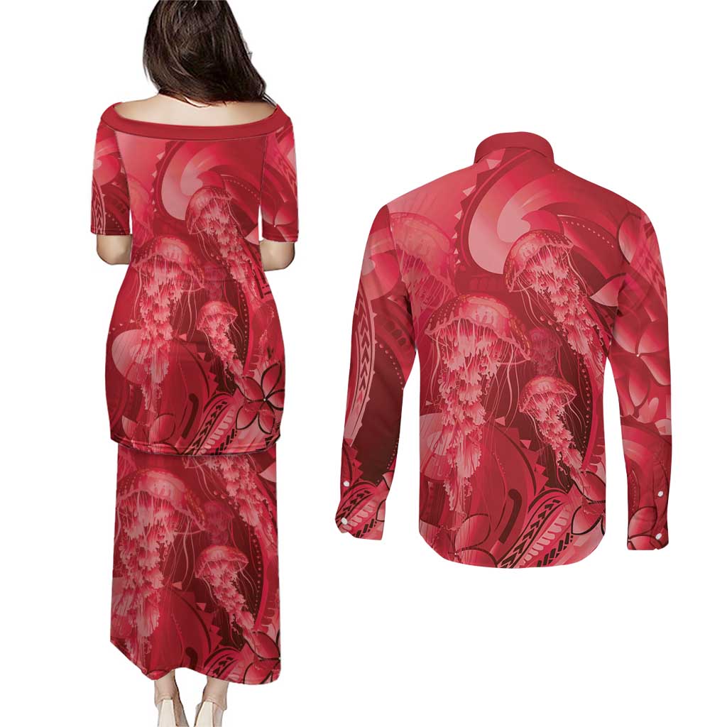 Red Gradient Polynesia Jellyfish Couples Matching Puletasi and Long Sleeve Button Shirt Plumeria Polynesian Tattoo Glowing Vibes