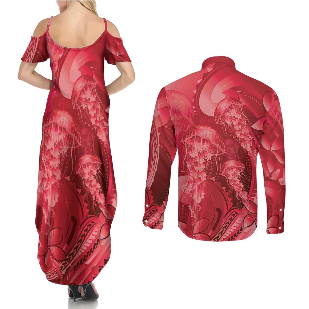 Red Gradient Polynesia Jellyfish Couples Matching Summer Maxi Dress and Long Sleeve Button Shirt Plumeria Polynesian Tattoo Glowing Vibes