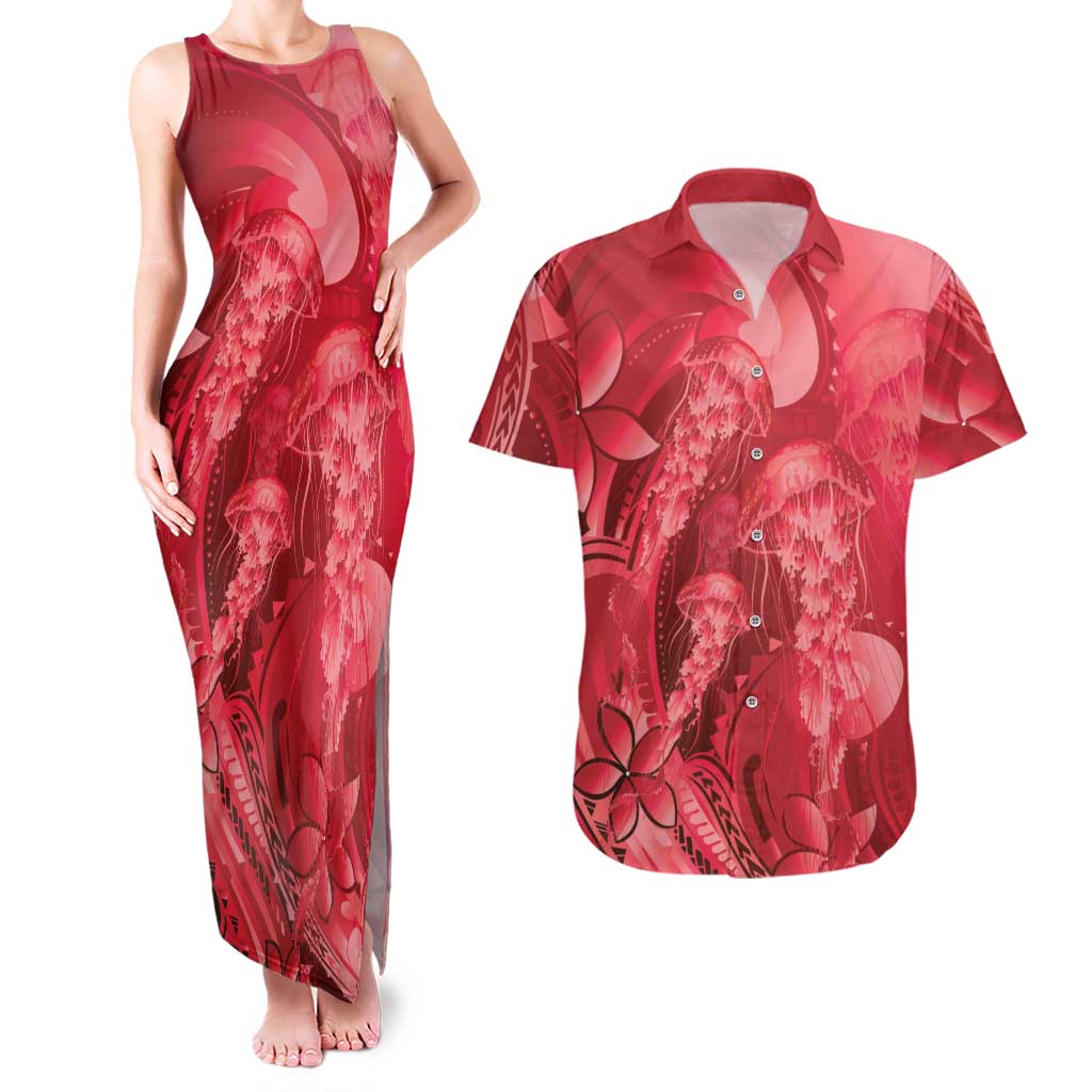 Red Gradient Polynesia Jellyfish Couples Matching Tank Maxi Dress and Hawaiian Shirt Plumeria Polynesian Tattoo Glowing Vibes