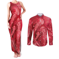 Red Gradient Polynesia Jellyfish Couples Matching Tank Maxi Dress and Long Sleeve Button Shirt Plumeria Polynesian Tattoo Glowing Vibes