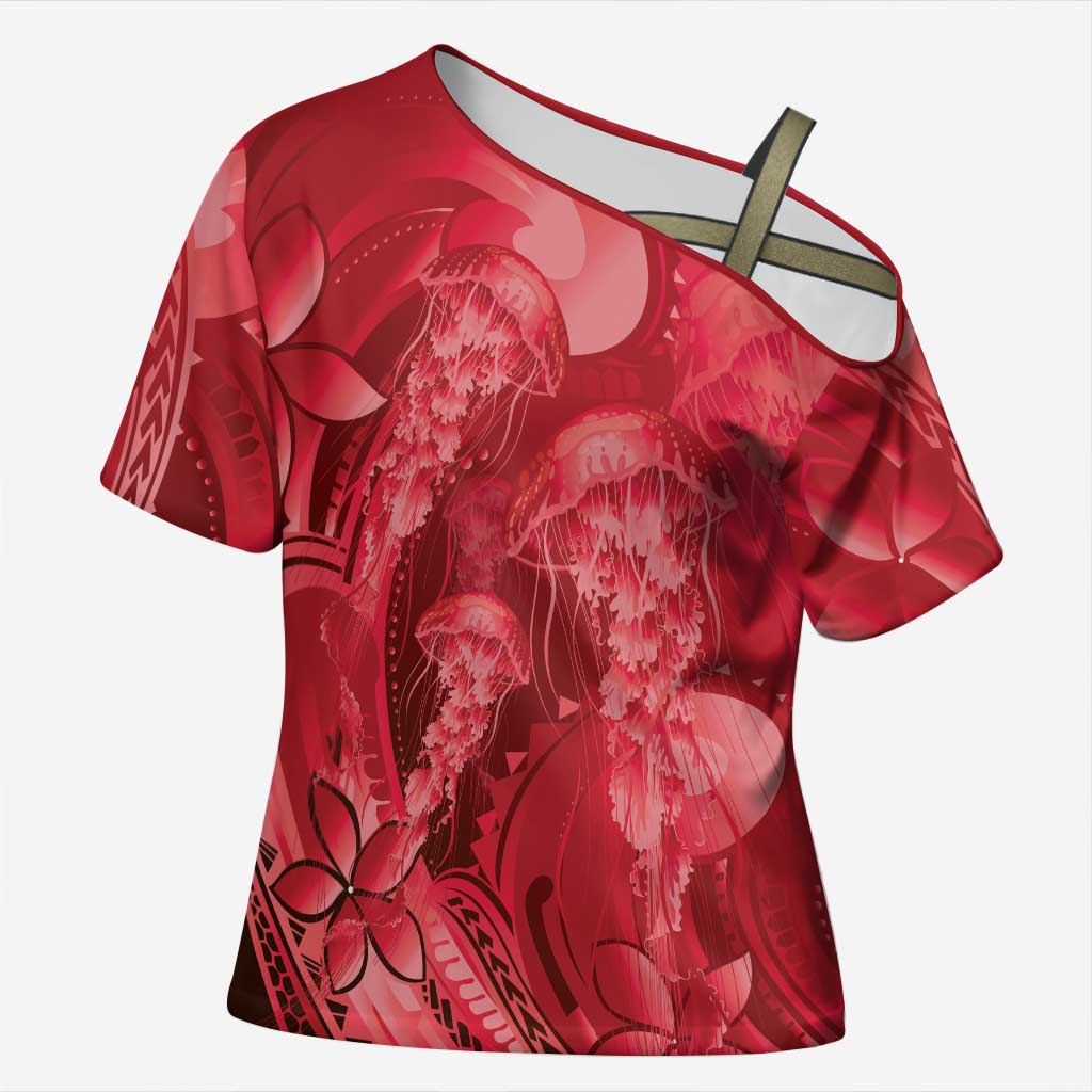 Red Gradient Polynesia Jellyfish Cross Shoulder Shirt Plumeria Polynesian Tattoo Glowing Vibes