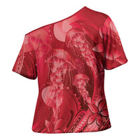 Red Gradient Polynesia Jellyfish Cross Shoulder Shirt Plumeria Polynesian Tattoo Glowing Vibes