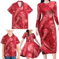 Red Gradient Polynesia Jellyfish Family Matching Long Sleeve Bodycon Dress and Hawaiian Shirt Plumeria Polynesian Tattoo Glowing Vibes LT14 - Polynesian Pride