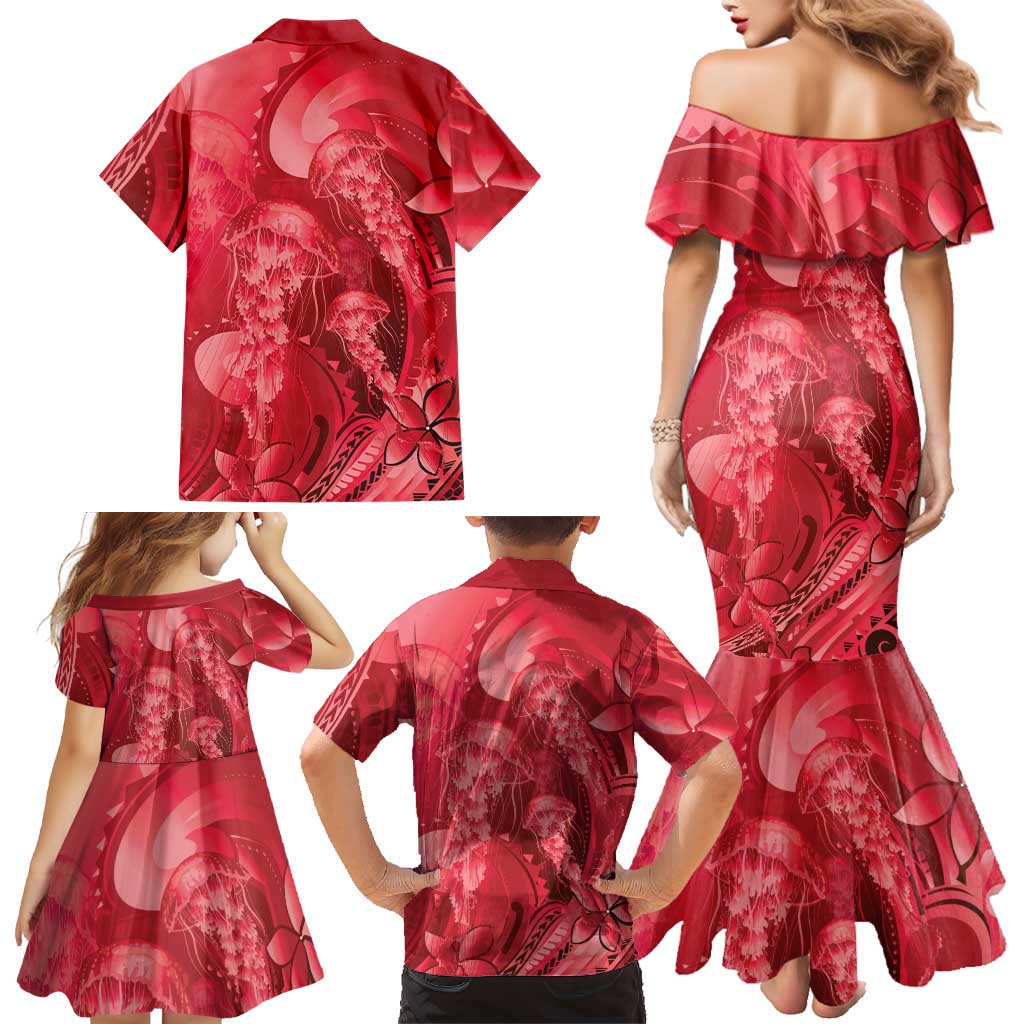 Red Gradient Polynesia Jellyfish Family Matching Mermaid Dress and Hawaiian Shirt Plumeria Polynesian Tattoo Glowing Vibes LT14 - Polynesian Pride
