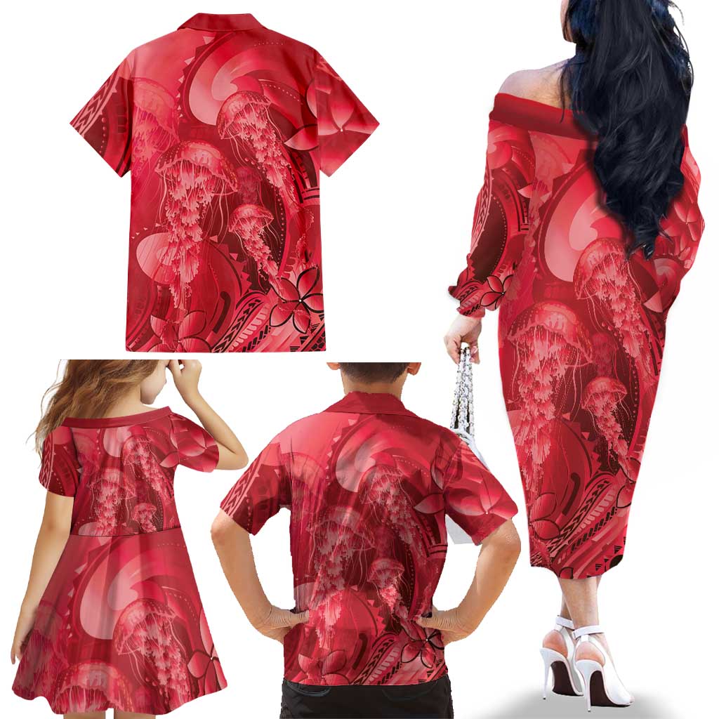 Red Gradient Polynesia Jellyfish Family Matching Off The Shoulder Long Sleeve Dress and Hawaiian Shirt Plumeria Polynesian Tattoo Glowing Vibes LT14 - Polynesian Pride