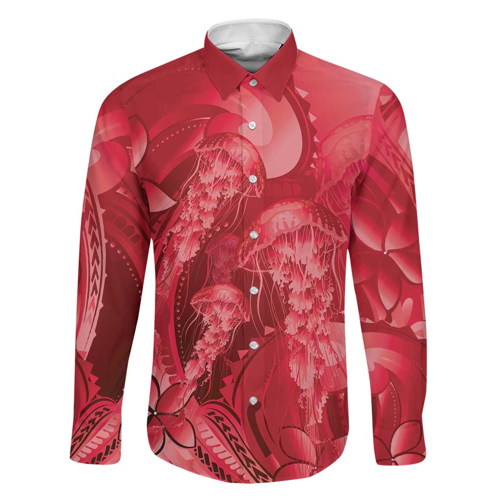 Red Gradient Polynesia Jellyfish Family Matching Off Shoulder Maxi Dress and Hawaiian Shirt Plumeria Polynesian Tattoo Glowing Vibes LT14 Dad's Shirt - Long Sleeve Red - Polynesian Pride