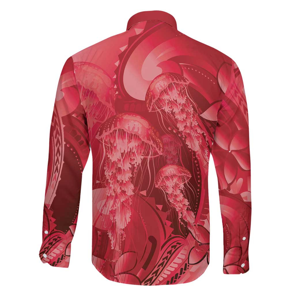 Red Gradient Polynesia Jellyfish Family Matching Off Shoulder Maxi Dress and Hawaiian Shirt Plumeria Polynesian Tattoo Glowing Vibes LT14 - Polynesian Pride