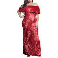 Red Gradient Polynesia Jellyfish Family Matching Off Shoulder Maxi Dress and Hawaiian Shirt Plumeria Polynesian Tattoo Glowing Vibes LT14 Mom's Dress Red - Polynesian Pride