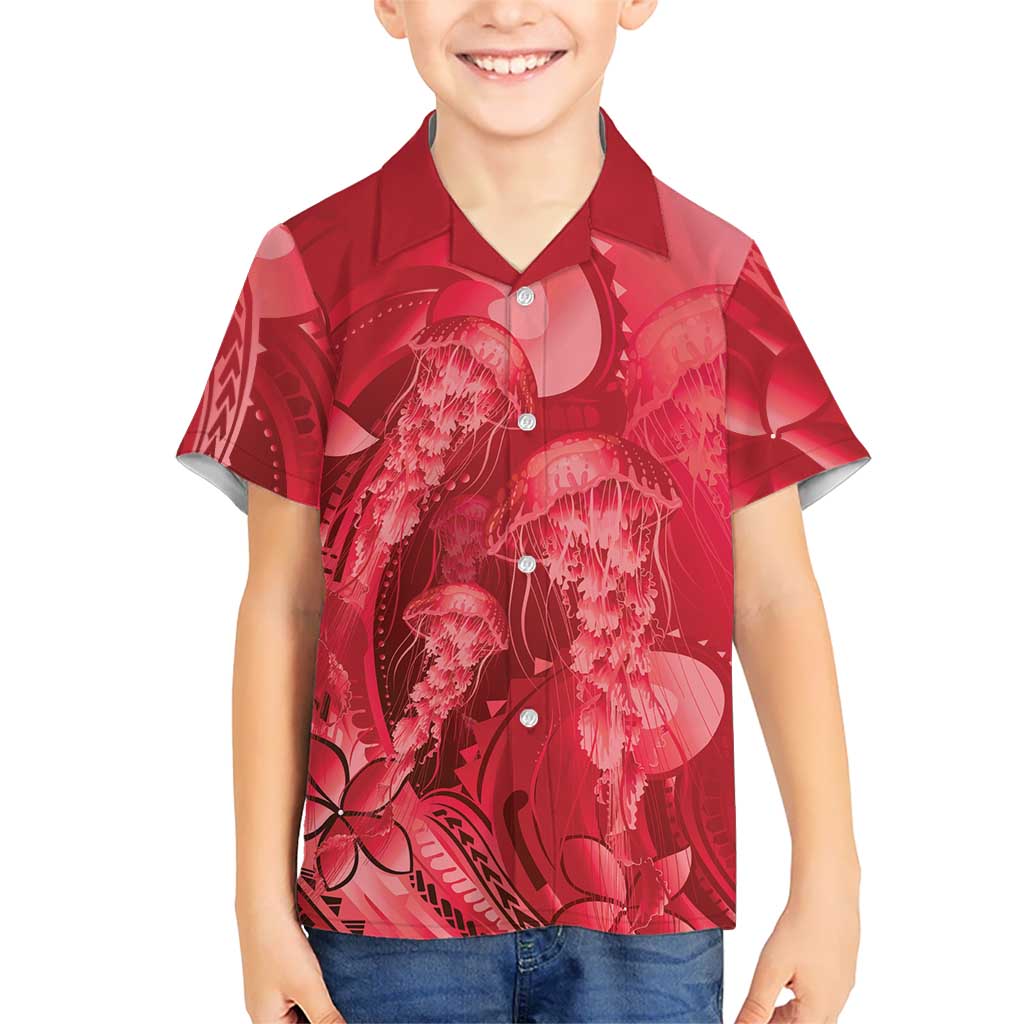 Red Gradient Polynesia Jellyfish Family Matching Off Shoulder Maxi Dress and Hawaiian Shirt Plumeria Polynesian Tattoo Glowing Vibes LT14 Son's Shirt Red - Polynesian Pride