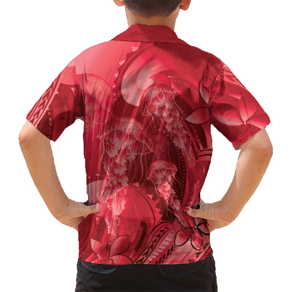 Red Gradient Polynesia Jellyfish Family Matching Off Shoulder Short Dress and Hawaiian Shirt Plumeria Polynesian Tattoo Glowing Vibes LT14 - Polynesian Pride