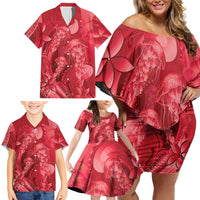 Red Gradient Polynesia Jellyfish Family Matching Off Shoulder Short Dress and Hawaiian Shirt Plumeria Polynesian Tattoo Glowing Vibes LT14 - Polynesian Pride