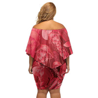Red Gradient Polynesia Jellyfish Family Matching Off Shoulder Short Dress and Hawaiian Shirt Plumeria Polynesian Tattoo Glowing Vibes LT14 - Polynesian Pride