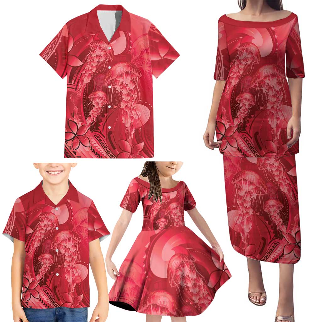 Red Gradient Polynesia Jellyfish Family Matching Puletasi and Hawaiian Shirt Plumeria Polynesian Tattoo Glowing Vibes
